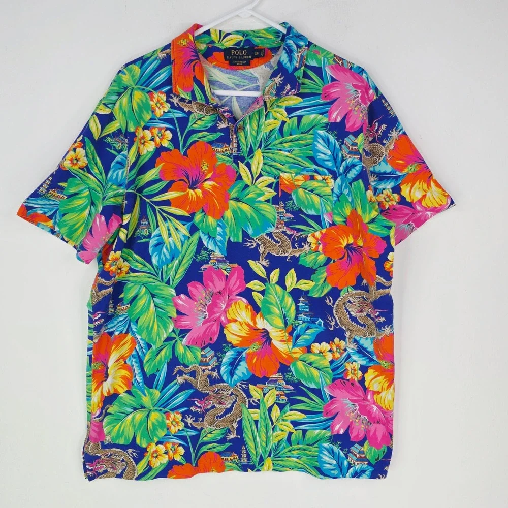 Polo Ralph Lauren Mens XXL Dragon Hibiscus Floral Featherweight Mesh Polo Shirt